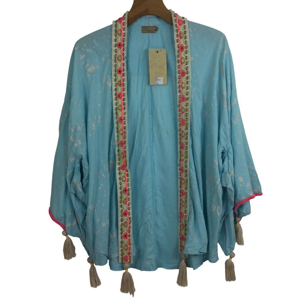 Skemo Boho Chic Cover Up Open Kimono Sleeve Embroidered Beaded Tassels L NWT